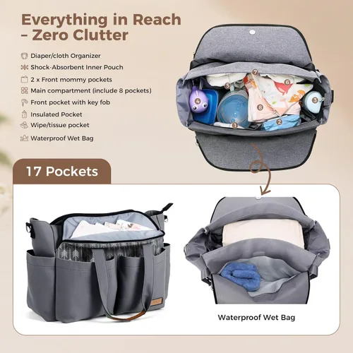 Miniatura 3 de Lekebaby Bolsa de pañales, 17 bolsillos, bolsa de pañales de viaje grande impermeable con cambiador portátil, bolsa de hospital cruzada para mamá