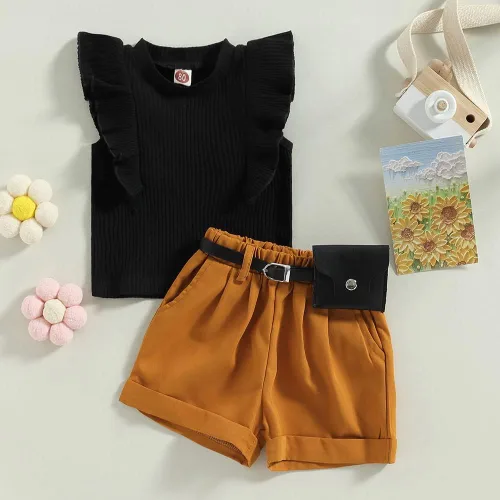 Miniatura 190 de TheFound Trajes de verano para niñas pequeñas, sin mangas, de punto acanalado, halter, pantalones cortos, ropa para recién nacidos, conjunto de 3