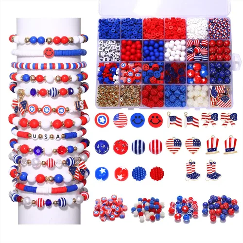 HSWE 1461 cuentas patrióticas del 4 de julio para hacer joyas, Día de la Independencia, rojo, blanco, azul, estrellas Heishi, cuentas de letras de
