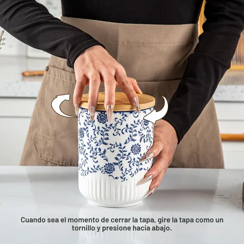 Miniatura 5 de Juego de recipientes para cocina - Recipientes de cerámica para encimera con tapas herméticas de madera - Recipientes para harina y azúcar