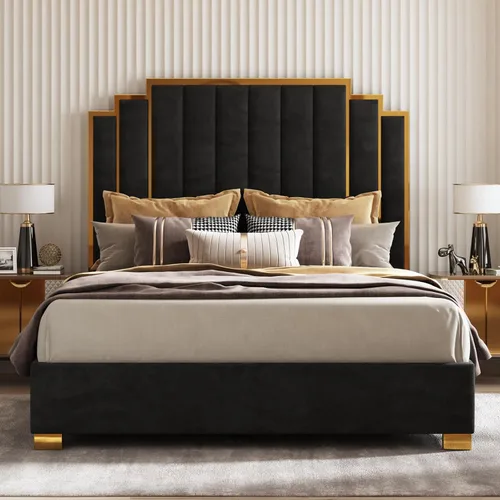 Miniatura 16 de AMERLIFE Cama tapizada tamaño Queen, marco de cama de terciopelo moderno con cabecera de ribete dorado de 61.4 pulgadas de alto, no necesita somier