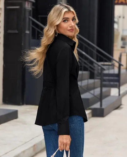 Miniatura 3 de siliteelon Camisas con botones para mujer, cintura ceñida, camisa de vestir de algodón de manga larga para negocios, casual, trabajo, oficina
