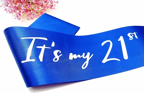 Miniatura 4 de Banda de cumpleaños número 21, bandas suaves de satén azul con letras plateadas, decoraciones de cumpleaños para niñas o niños, suministros de 21