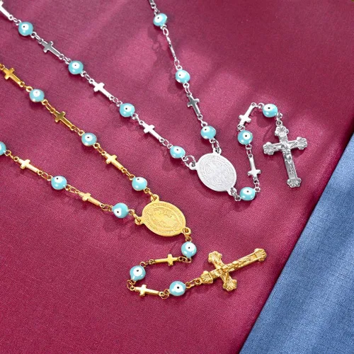 Miniatura 6 de FaithHeart Collar de cuentas de rosario católico, medalla de San Miguel, San Cristóbal, Virgen María y San Benito con dije de cruz, cuentas de 6