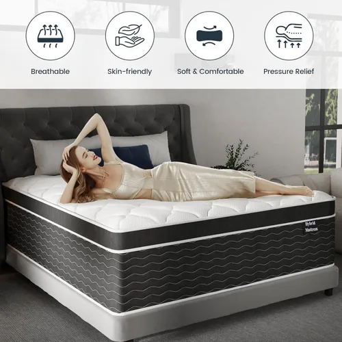 Miniatura 6 de Ruoysun Colchón de lujo tamaño King de 12 pulgadas, colchón híbrido firme King en una caja, 7 zonas y soporte de bordes, espuma viscoelástica de gel