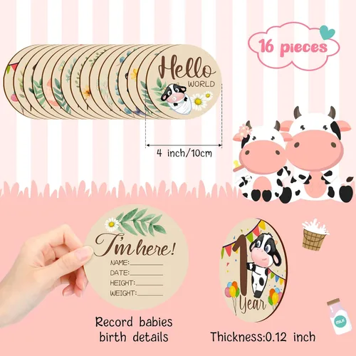 Miniatura 2 de Tiamon 16 tarjetas mensuales de madera para bebé, discos de marcador de hitos mensuales, círculos de madera de doble cara, letreros de meses
