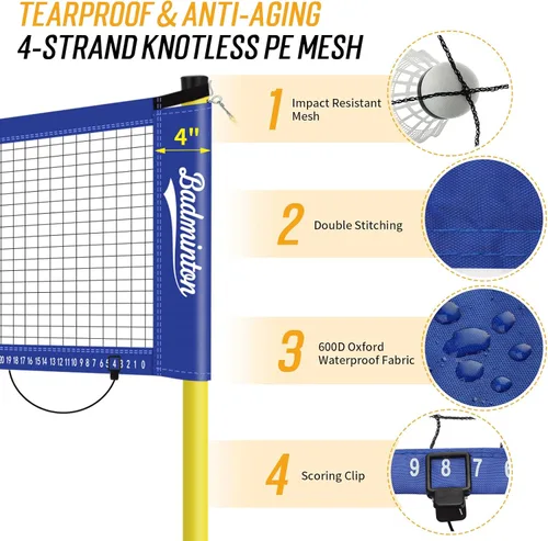 Miniatura 3 de Juego de red de bádminton portátil para exteriores de 20 pies de tamaño reglamentario para patio trasero con postes resistentes, bolsa de transporte