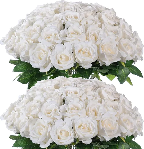 FOTEEWL Ramo de 60 rosas artificiales realistas de seda sintética para arreglos florales, centros de mesa de boda, fiesta, decoración del hogar Beige