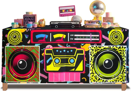 Miniatura 10 de Mantel de Mesa para Fiesta Temática de los 80 y 90 de 4 pies, Decoraciones de los 80 y 90 para Fiesta de Cumpleaños de Hip Hop de Vuelta a los 80
