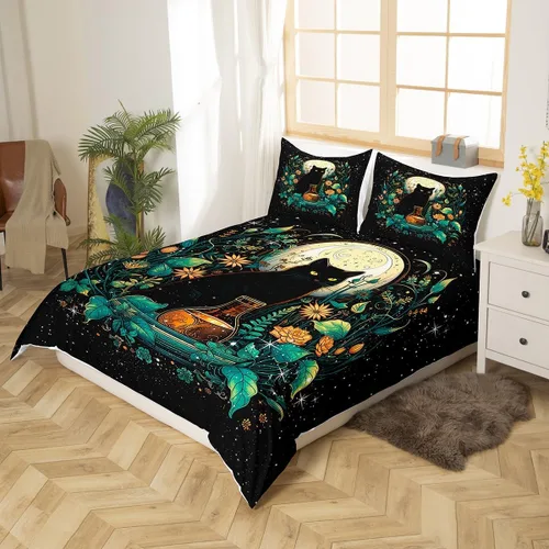 Miniatura 3 de Juego de funda de edredón para niños con diseño de gato lindo, tamaño individual, juego de ropa de cama con hojas de flores, luna, noche y cielo