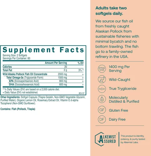 Miniatura 2 de True Grace Aceite de pescado Omega-3 - 120 cápsulas blandas - 1400 mg de EPA + DHA - Salud cerebral, cardíaca, articular e inmunológica - Orgánico