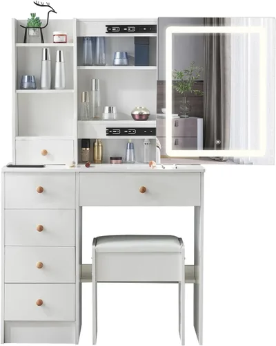 Miniatura 9 de Escritorio de tocador con espejo LED deslizante, mesa de maquillaje blanca con 6 cajones, 4 estantes de almacenamiento y taburete, 3 modos