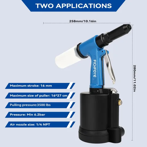Miniatura 2 de Pistola de remache neumática resistente, 3500 lbf Rivet Gun Set- 3/32", 1/8", 5/32", 3/16" con NPT 1/4 pulgadas para industrias automotriz, Azul