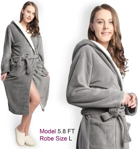 Miniatura 2 de Bata de baño tipo kimono largo con capucha para mujer, diseño de espiga, cómodo camisón cálido de longitud completa