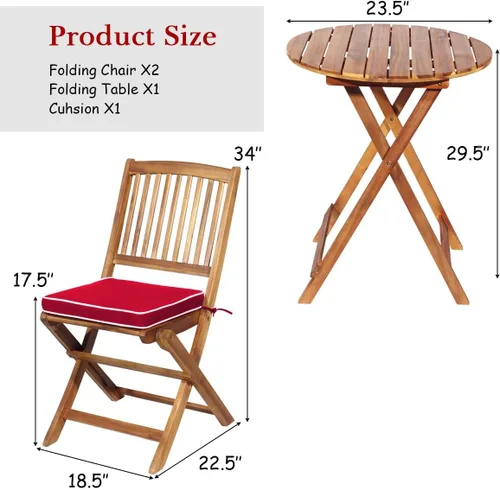 Miniatura 5 de Tangkula Juego de 3 piezas de sillas y mesa de madera de acacia para exteriores, con cojín acolchado y mesa de centro redonda, ideal para patio Rojo