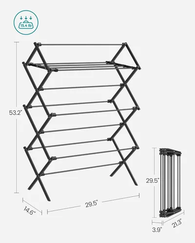 Miniatura 2 de SONGMICS Tendedero de Ropa Plegable, Tendedero de Ropa, Secador de Ropa, Marco de Acero, 14.6 x 29.5 x 53.2 Pulgadas, Fácil Montaje, Uso en Negro