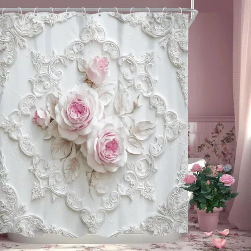 Cortina de ducha floral rosa intenso 60x72 pulgadas, estilo retro vintage, hojas románticas, escultura en relieve única, planta botánica, primavera,