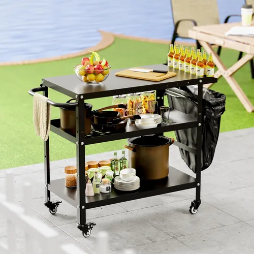 Miniatura 7 de Xilingol Carrito de parrilla al aire libre, mesa de soporte para horno de pizza con ruedas para patio exterior, mesa de preparación de cocina al