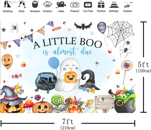 Miniatura 4 de Blue A Little Boo - Telón de fondo para baby shower para niños, Halloween, calabaza, baby shower, fantasma, Halloween, baby shower, decoraciones