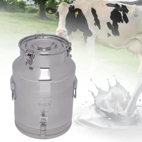 Miniatura 3 de Cubo de acero inoxidable de 28 litros y 7.4 galones para leche y vino con tapa sellada, resistente (28L)