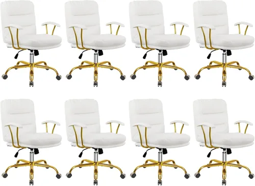Miniatura 13 de KLASIKA Silla de escritorio de cuero para oficina en casa, silla de tocador de respaldo medio, silla de maquillaje con ruedas doradas y reposabrazos