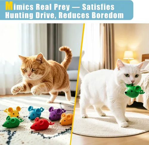 Miniatura 5 de Retro Shaw Juguetes de hierba gatera de ganchillo, 6 piezas de hilo para pezón de gato, ratones seguros para limpieza de dientes, juguete masticable