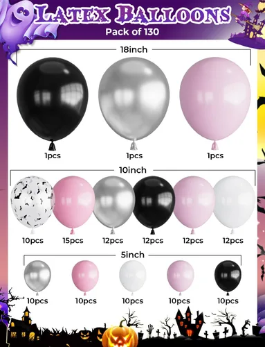Miniatura 2 de Kit de arco de globos para Halloween – 129 piezas, globos rosados, negros, plateados y blancos con globos de aluminio de fantasmas y estrellas