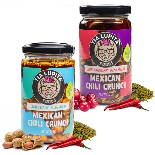 Tía Lupita Mexican Chili Crunch – Salsa Macha, Aceite de Chile Morita Crujiente | Sin gluten, sin OMG, vegano | Variedad de arándano y maní (paquete