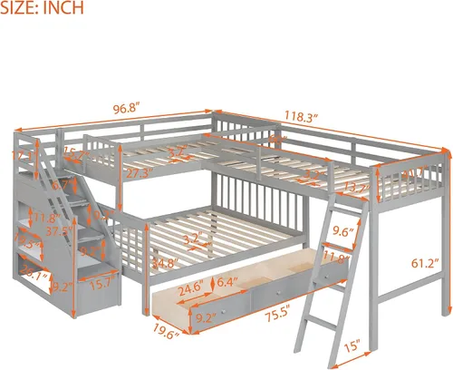 Miniatura 2 de Merax Litera con un loft adjunto, estructura de cama triple con cajones, barandillas y escaleras, plataforma gris, en forma de L, individual sobre