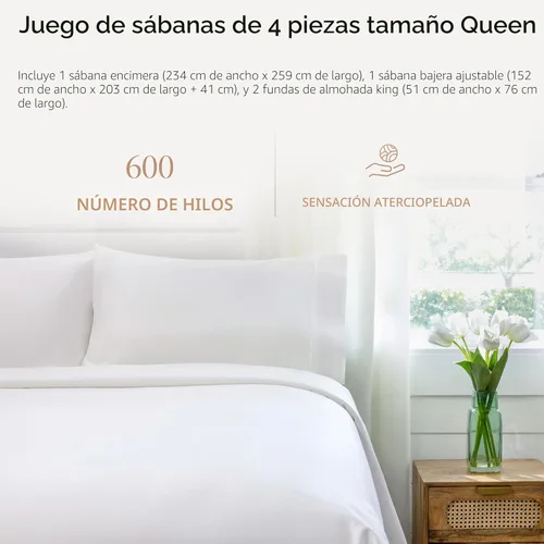 Miniatura 2 de Threadmill Sábanas de Algodón 100% para Cama Tamaño Queen - Juego de Sábanas Queen de 600 Hilos con Bolsillo Profundo de 16 pulgadas - Juego de Ropa