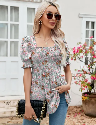 Miniatura 2 de LOMON Túnicas de mujer con cuello cuadrado, manga corta abombada, blusa peplum para mujer, camisetas 2025 primavera verano S-XL