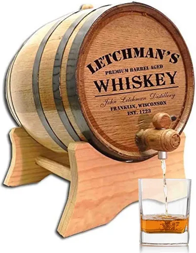 Barril personalizado de 10 litros de roble americano para envejecer whisky (2.5 galones) con soporte, tapón y canilla | Envejezca cócteles, bourbon,