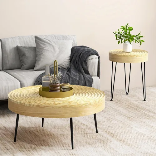 Miniatura 7 de Giantex Juego de 2 mesas auxiliares redondas bohemias, mesa anidable lateral para sofá con parte superior de madera de pino maciza, patas de metal