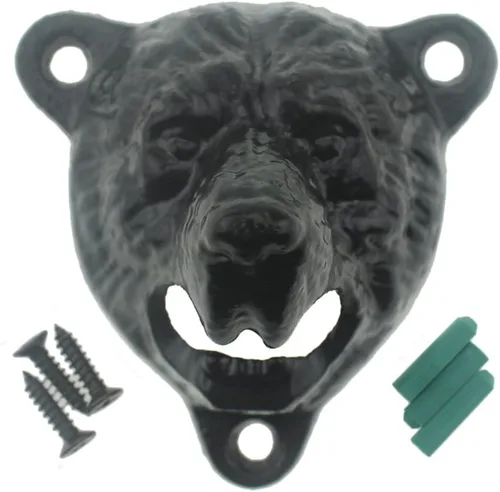 Abridor de botellas de cerveza de hierro fundido con cabeza de oso negro, dientes grizzly montados en la pared para decoración de garaje de cueva de