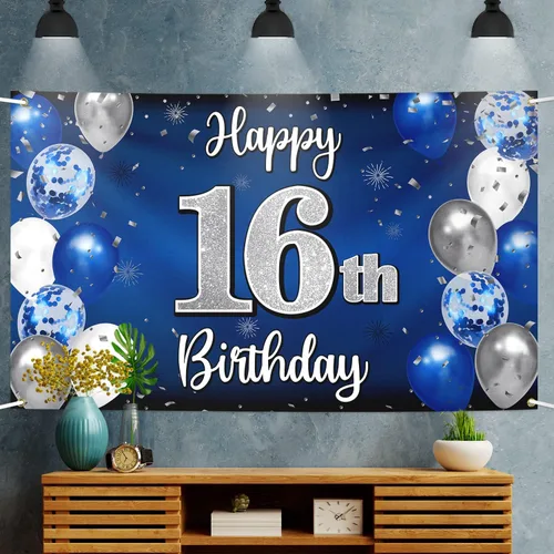Miniatura 5 de Decoraciones de feliz cumpleaños número 16, globo azul y plateado grande cartel de fondo de cumpleaños de 16 años, suministros para fiesta de 16º