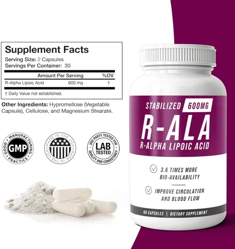 Miniatura 2 de NERVE RENEW R-ALA estabilizado R ácido alfa lipoico 600 mg suplemento de apoyo nervioso paquete de 3