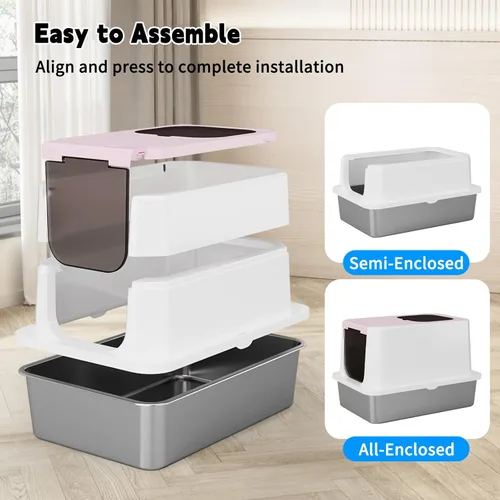 Miniatura 5 de RIZZARI Caja de arena cerrada extragrande para gatos, bandeja de arena de acero inoxidable rosa con diseño antifugas, superficie antiadherente fácil