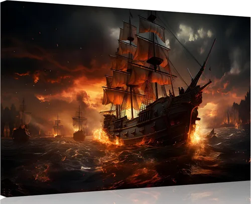 Miniatura 13 de TutuBeer 3 Piezas Arte de Pared Batalla Naval Barco Imagen Barco Pirata Velero Póster Barco Pirata Azul en Llamas Imagen Impresa en Lienzo Póster