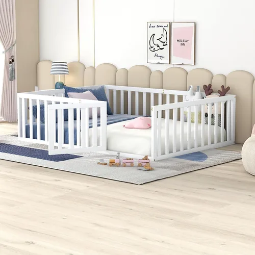 Miniatura 12 de Harper & Bright Designs Cama Montessori doble con valla y puertas, marco de cama de piso para espacios pequeños, sin rejas, gris