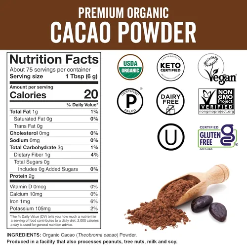 Miniatura 2 de Viva Naturals Cacao en polvo orgánico, 1 libra, cacao en polvo sin azúcar con rico sabor a chocolate negro, perfecto para hornear y batidos, sin