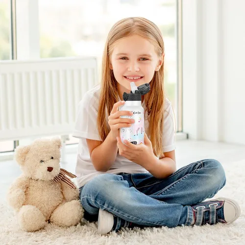 Miniatura 7 de Han's Bottle Botella de Agua para Niños con Tapa de Pajita - Vaso Térmico Reutilizable de Acero Inoxidable Aislado para Niñas, Niños, Taza Térmica
