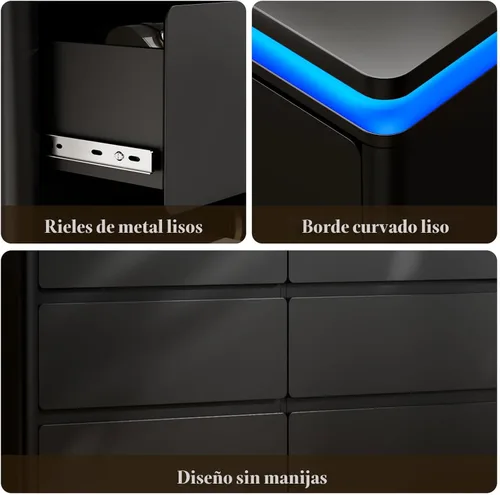 Miniatura 6 de Gyfimoie Cómoda Negra de 6 Cajones para Dormitorio, Cajonera Larga de 47.2" con Estación de Carga y Luces LED, Gabinete de Almacenamiento de Madera