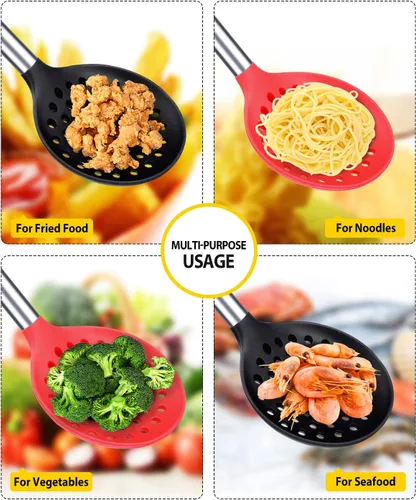Miniatura 3 de Juego de 2 cucharones de cocina con ranuras grandes y resistentes al calor, sin BPA, antiadherentes, para escurrir y freír (negro y rojo)