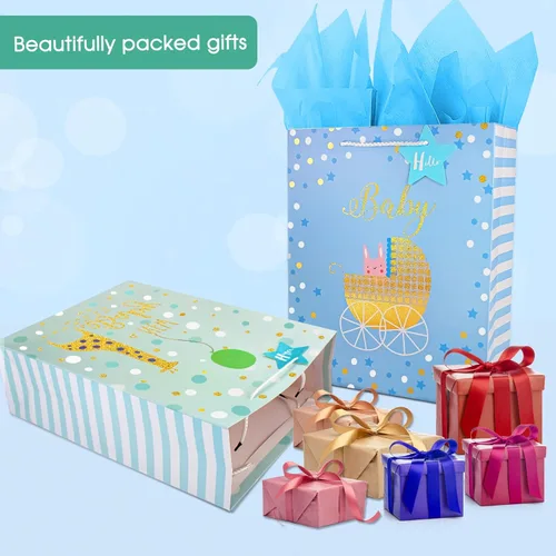 Miniatura 6 de Bolsa de regalo para bebé, bolsas de regalo grandes de 12.6 pulgadas con papel de seda, bolsa de regalo para baby shower con diseño de lámina Azul