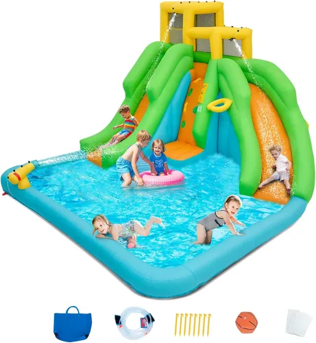 Miniatura 11 de OLAKIDS Tobogán acuático inflable, casa de rebote 6 en 1 con 2 toboganes, pared de escalada, piscina de salpicaduras, borde de baloncesto, pistola
