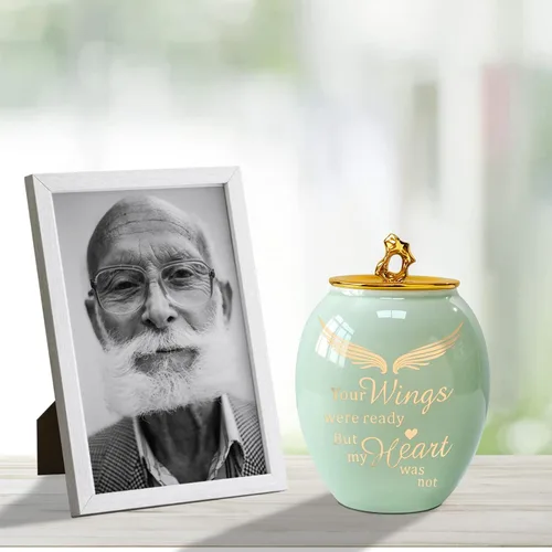 Miniatura 7 de Urna de cremación mediana verde para cenizas humanas adulto macho hembra Angel Ceramic Urn for Ashes Men Women Dad Mom,Memorial Urn with Velvet