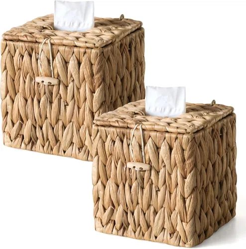Miniatura 12 de Funda cuadrada de mimbre para caja de pañuelos, cajas de pañuelos faciales, caja de servilletas tejida a mano para baño, dormitorio, oficina, mesa