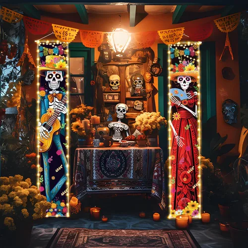 Miniatura 3 de Decoraciones de Halloween Día de los Muertos con luz para porche, decoración de Halloween, Día de los Muertos de México, carteles de porche