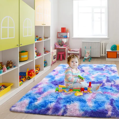 Miniatura 7 de Noahas - Alfombra suave y afelpada para habitación de niña y sala de estar, colorida, decoración para guardería, teñido anudado arcoíris, azul