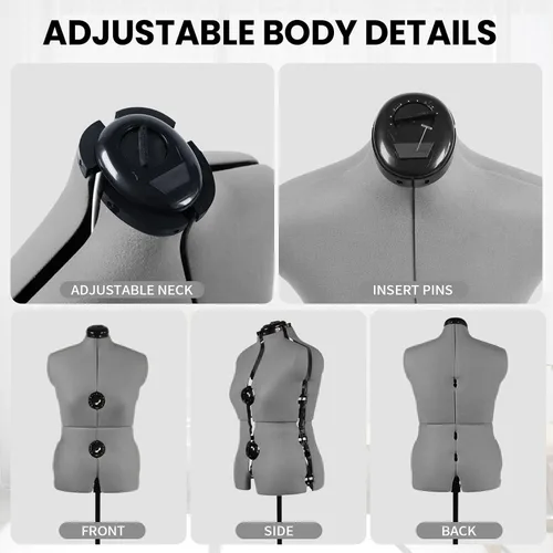 Miniatura 4 de Maniquíes de costura, maniquí femenino gris ajustable talla 12-18, cuerpo de modelo pinchable con 13 diales y ruedas desmontables, rango de altura